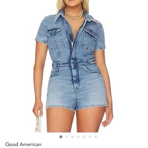 Good American Light Blue Short Sleeve Denim Romper